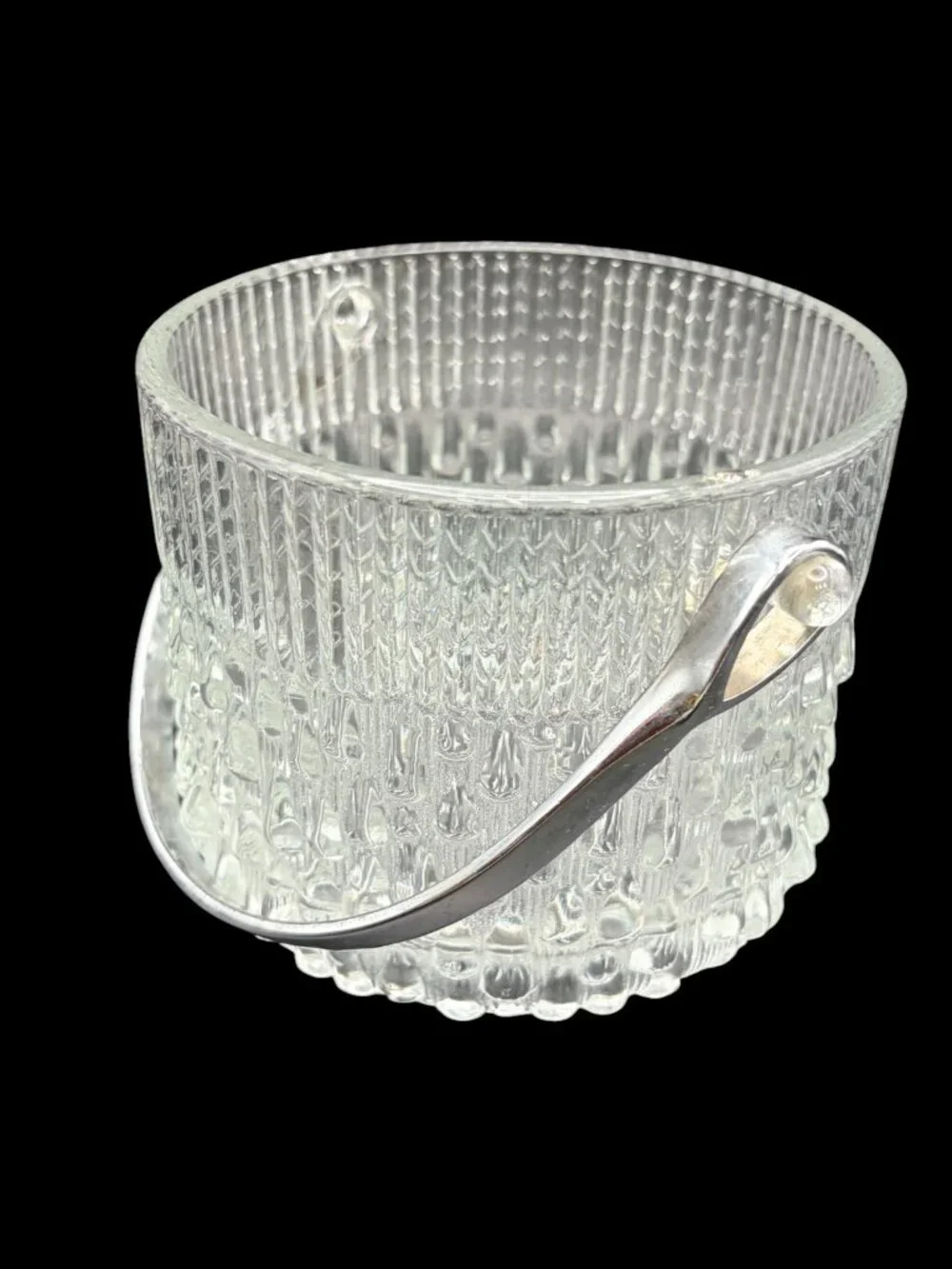 Vtg Teleflora French Glass Ice Bucket Biscuit Jar w/ Chrome Handle Textured MCM